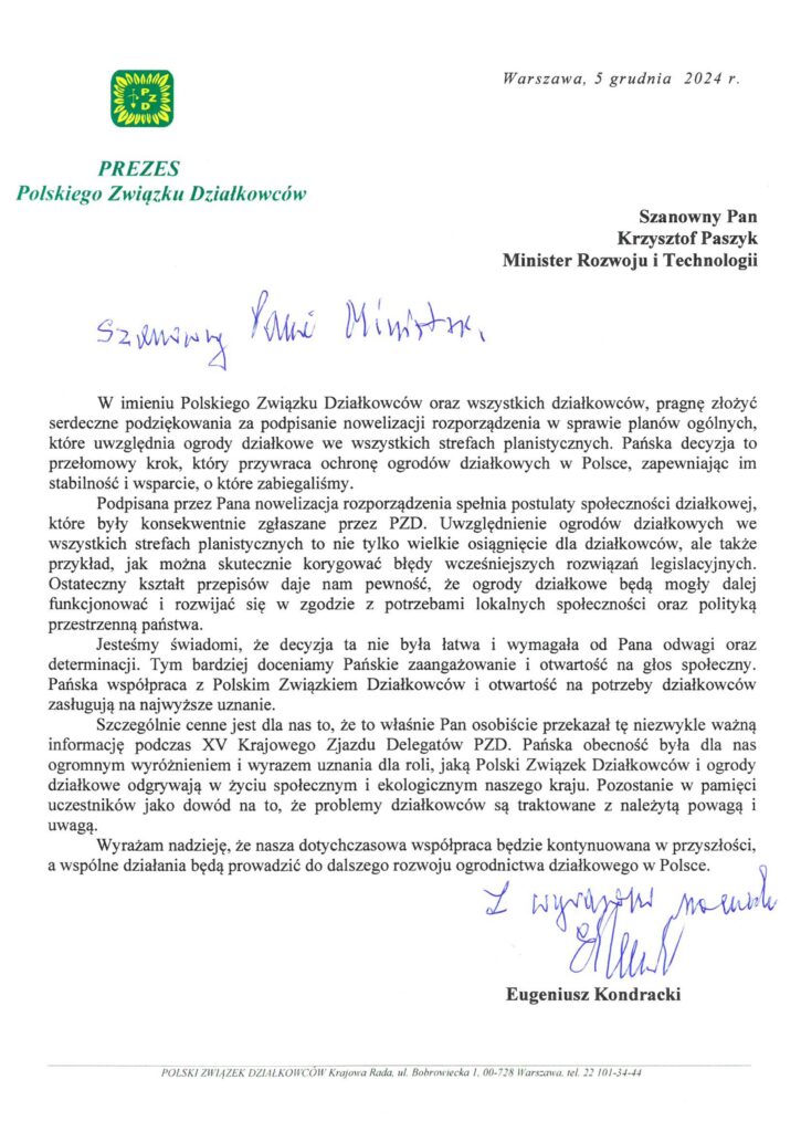 List Prezesa PZD do Ministra Krzysztofa Paszyka.